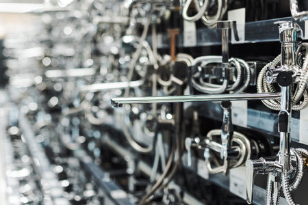 Rows of sleek chrome faucets displayed in a showroom, representing modern bathroom and kitchen...
