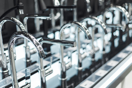 Rows of sleek chrome faucets displayed in a showroom, representing modern bathroom and kitchen...