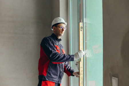 Technician Using Spirit Level To Check Vertical Alignment Of Window Frame.
