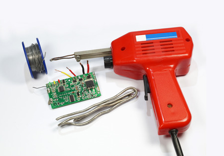 Soldering set, transformer soldering iron, printed circuit board and two types of solderの写真素材