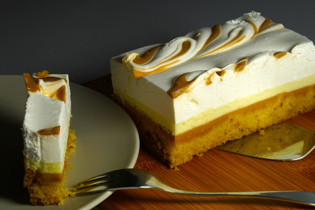 Ice-cream dessert with toffee flavor, saucer, forkの写真素材