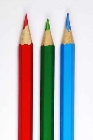 Red, green, blue. Three sharpened colored pencils magnificationの写真素材
