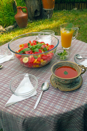 A table in the garden where a fruit salad and juices were served.の写真素材