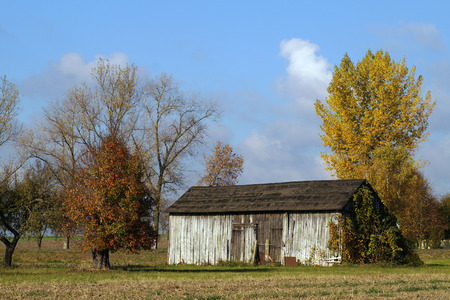 A lonely barn among the fields. The remains of an abandoned farm.の写真素材