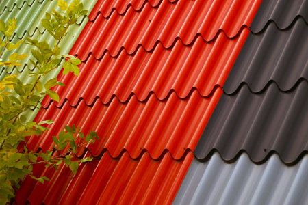 Tile Profile Roofing Sheet. A metal, lightweight roofing and walling profile in several colors.の写真素材