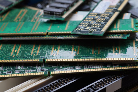RAM modules, designed to recover valuable raw materials, including gold. Big close-up.