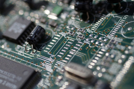 Close-up of a piece of computer graphics card. Large close-up on components.