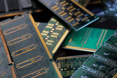 RAM modules, designed to recover valuable raw materials, including gold. Big close-up.