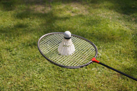 Green grassy playground background. Badminton racket with a shuttlecock made from goose feathers.の写真素材