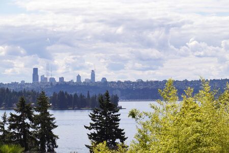 View from the shore of Lake Waschington in Kirkland. Seattle panoramas.の写真素材