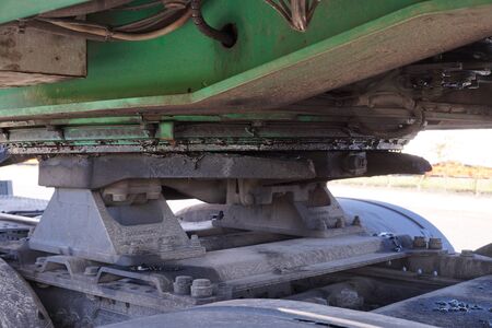 Rear of the tractor. Visible fifth wheel couplings are mounted on the tractor to connect it to a special trailer.の写真素材