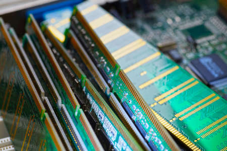 RAM modules, primarily used as main memory in personal computers, workstations, and servers. Big close-up.の写真素材