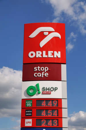 Advertising pylon for gas station and cafe. Orlen oil company sign. SieganÃ³w. Poland. May 20, 2020. Poland. 20 may, 2020.のeditorial素材