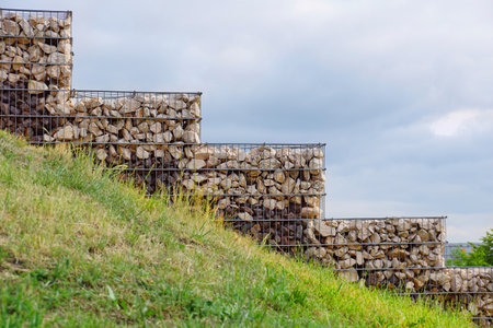 Slope reinforced with gabions. Interesting arrangement of the park space with the use of gabions.の写真素材