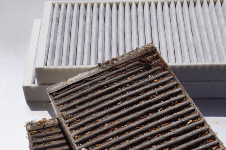 Comparison of two car cabin filters. Clean filter and used filter to be replaced.の写真素材