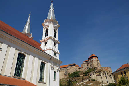 View of the Castle Hill in the Village of Esztergom. In the foreground, the Baroque church. Former Capital of Hungary.のeditorial素材