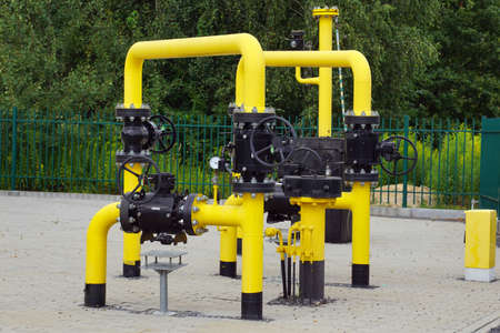 Pipes, valves, pressure gauges, knobs. Gas transmission station.の写真素材