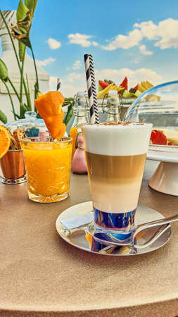 Complete brunch on Madrid terrace overlooking the Retiro Parkの写真素材