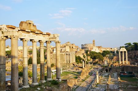 Ruins of ancient Roman Forum at sunset - Rome Italyの写真素材