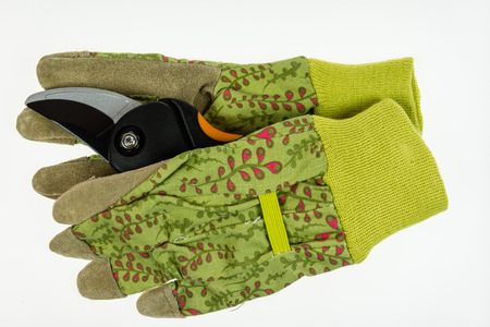 Garden gloves with leather palm and pruner - closeup isolated on white の写真素材