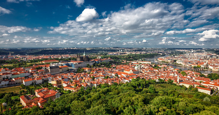 General view of Prague's historic center and the river Vltava. The historic center of Prague, ancient architecture, and cultural heritageの写真素材