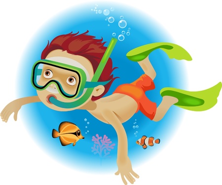 A little boy swims in a mask and flippers under the water with fishのイラスト素材