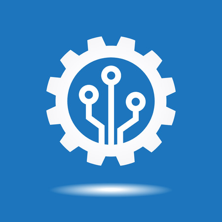 Gear with chip. Flat design style. White symbol on a blue background. White symbol on a blue background.のイラスト素材