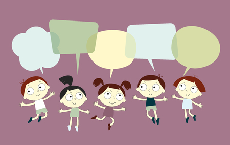 Background with the image of funny kids and speech bubble. School background. Blank template. Sketch cartoon. File is saved in 10 EPS version.のイラスト素材