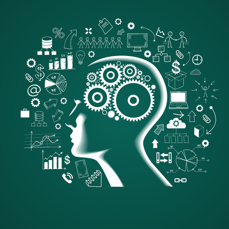Lines and dots form the human head and symbolize thinking, artificial intelligence..Vector eps10 illustrationのイラスト素材