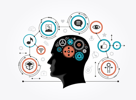 Silhouette of a man's head with gears in the shape of a brain surrounded by icons. Infographic template. Modern flat design concept for web banners, web sites. Information media concept. The file is saved in the version AI10 EPS.のイラスト素材