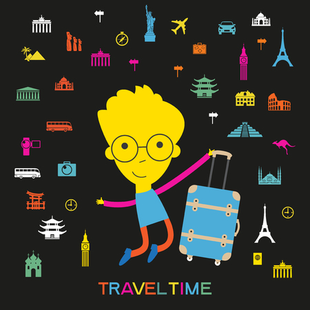 Travel and tourism background. Colorful template with man and tourism landmarks.のイラスト素材