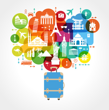 Travel and tourism background. Colorful template with suitcase and tourism landmarks.のイラスト素材