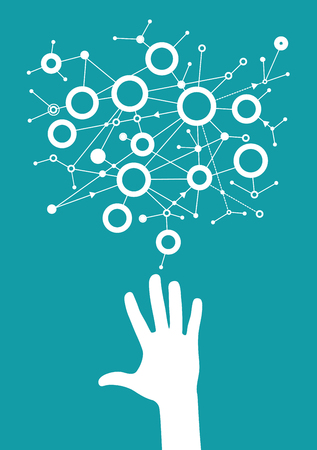 Man touching digital data network with his fingers. Network of connected devices.  File is saved in 10 EPS version.のイラスト素材