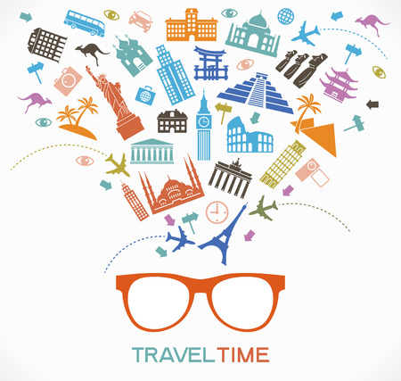 Travel and tourism background. Colorful template with icons and tourism landmarks.のイラスト素材