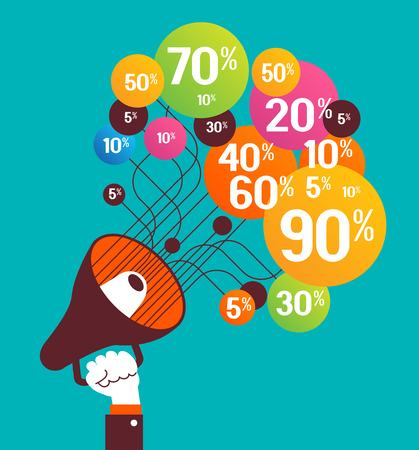 Megaphone with percent discounts. Flat modern designのイラスト素材