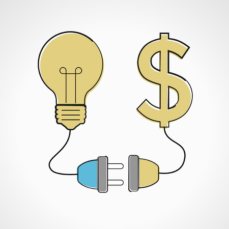 Business idea and investor. Electric plug electric plug connected to a bulb and Dollar iconのイラスト素材
