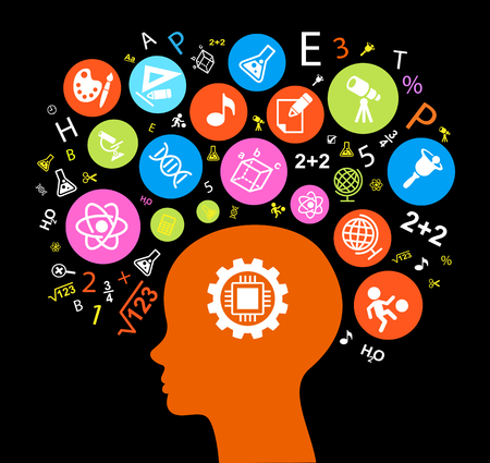 Child Head education.Children Learn to think. Child head outline with education icons. Bright color image on a black background. The file is saved in the versionのイラスト素材
