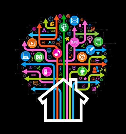 The tree and house consisting of the arrows and icons on the topic of  social media. Bright color image on a black background. The file is saved in the version AI10 EPS.のイラスト素材