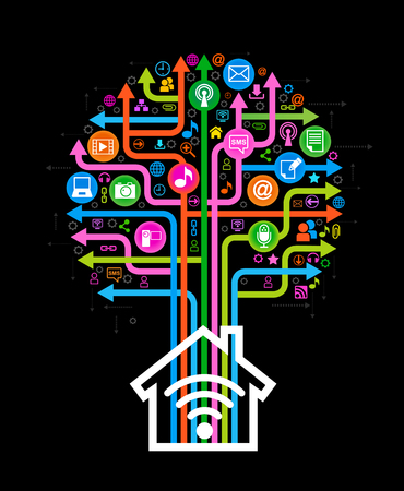 The tree and house consisting of the arrows and icons on the topic of  social media. Bright color image on a black background. The file is saved in the version AI10 EPS.のイラスト素材
