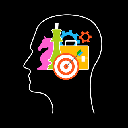 Business strategy template. Human head outline with business strategy icons. Modern flat design concept for web banners, web sites. Bright color image on a black background. The file is saved in the version AI10 EPS. のイラスト素材