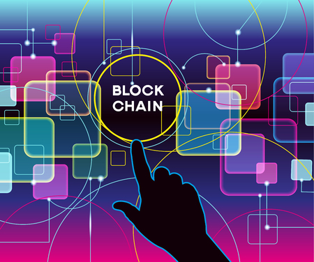 Blockchain network concept , Distributed ledger technology , Block chain text and computer connection.のイラスト素材