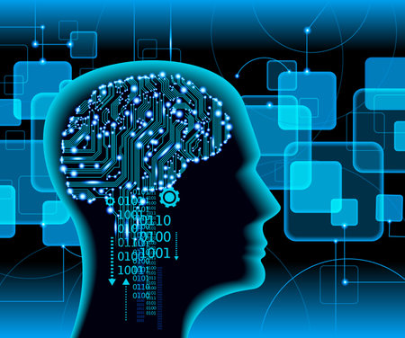 Neural network. Deep learning. Artificial intelligence concept. Robot face and building abstract...