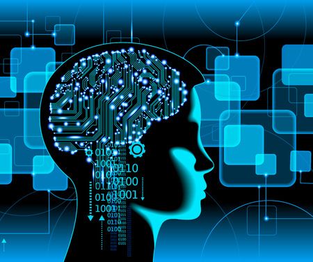 Neural network. Deep learning. Artificial intelligence concept. Robot face and building abstract backgroundのイラスト素材