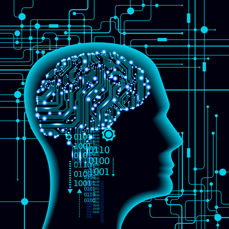 Neural network. Deep learning. Artificial intelligence concept. Robot face and building abstract backgroundのイラスト素材
