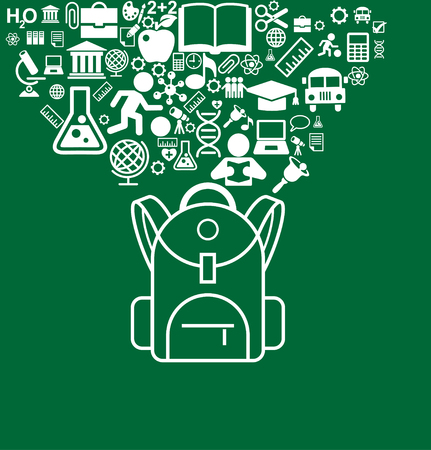 education icons with backpack, computer, globe on green background. Vector illustration.のイラスト素材