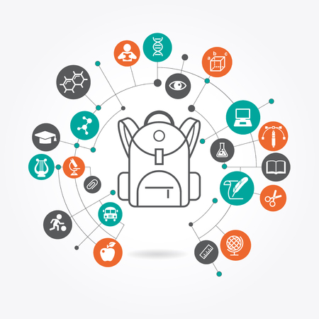 Backpack icon with school icons set illustration. concept learning Vector illustration.のイラスト素材