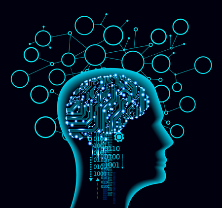 Neural network. Deep learning. Artificial intelligence concept. Robot face and building abstract backgroundのイラスト素材