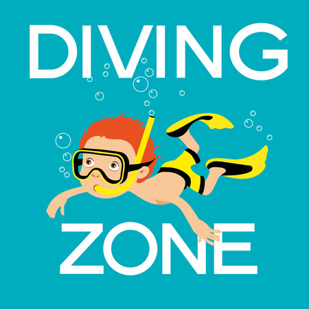 Diving background. Cartoon boy dives into the mask under water. Vector illustration.のイラスト素材
