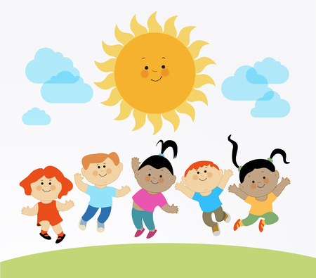 Cartoon children playing in the sun. Flat design pattern with child, the sun and the textのイラスト素材