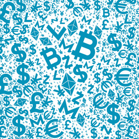 Background flat characters. Design with icons of lurrencies, crypto currency.のイラスト素材
